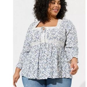 Torrid Womens Babydoll Rayon Slub Lace Trim Long Sleeve Top Size 1XL